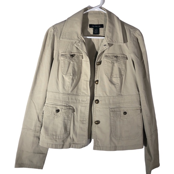 Calvin Klein Khaki Beige Button Up 4 Pocket Collared Jacket Women’s Large - Picture 10 of 10